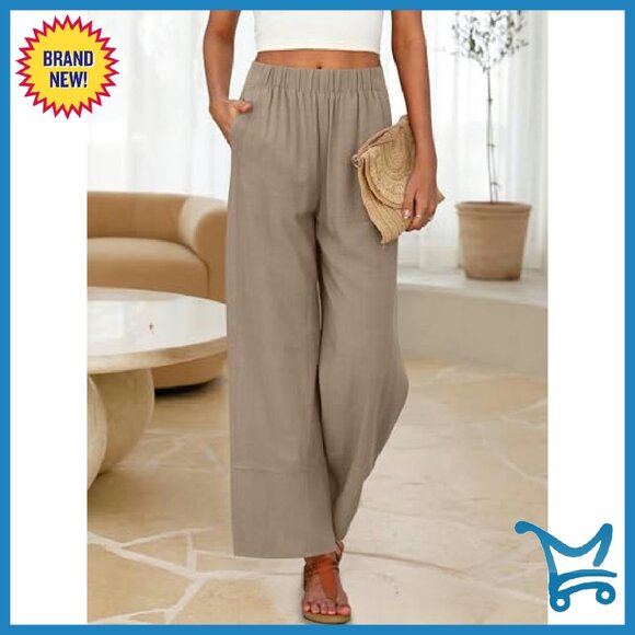 Wide Leg Linen Pants Elastic Waist Lounge Travel Boho Casual - Picture 4 of 7